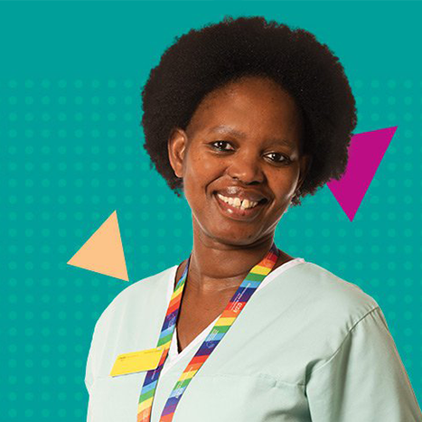 photograph (with shape graphics) of group of diverse individuals in different job roles